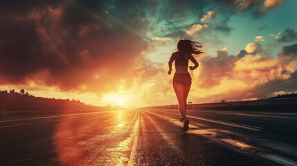 Capturing the essence of freedom and endurance, a woman runs with strength as the sun dips below the horizon