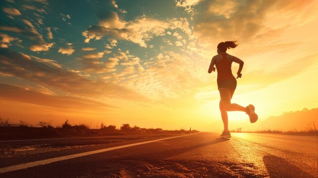 The silhouette of a female runner on a rural road at dusk, reflecting themes of solitude and the pursuit of goals