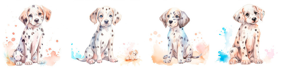 4 photos. Adorable watercolor clipart of a puppy with white spots. Perfect for adding a boho and cute touch to your design. Includes full-length and side-view images on a white background.