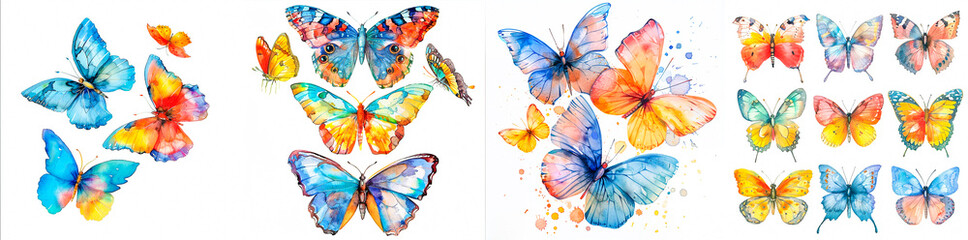 4 photos. Beautiful watercolor butterflies of various bright colors. Ideal for creating stunning designs and decorations. Ideal for adding a touch of whimsy to any project or space.