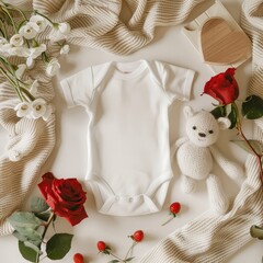 An adorable baby onesie with a cute teddy bear and some flowers.