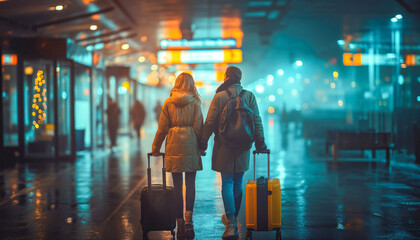 Couple strolling through airport stores. Couple returning from a trip at the airport.