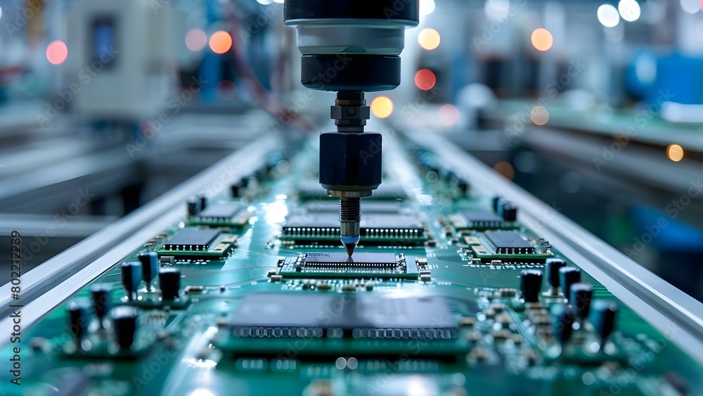 Aufkleber machine in computer chip factory places silicon pieces on board for chips. concept computer chip man