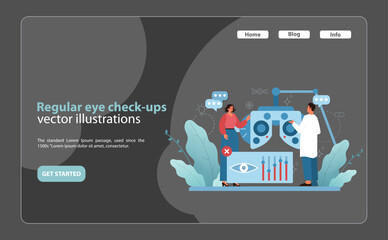 Regular Eye Check-Ups Illustration. A patient engages with eye examination equipment as a doctor assists.