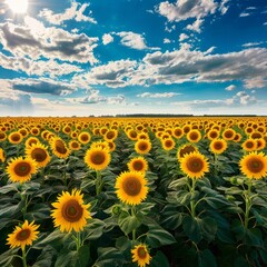 Fototapeta premium Sunflower Field Landscape, Panoramic Sun Flowers Farm, Sunflowers Wow Landscape
