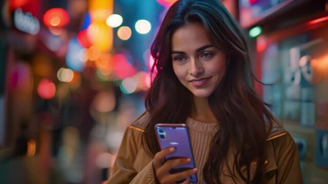 A young woman using mobile phone and messaging on smartphone easily in the world of 5G digital communication and online social media. Technology fits into daily life