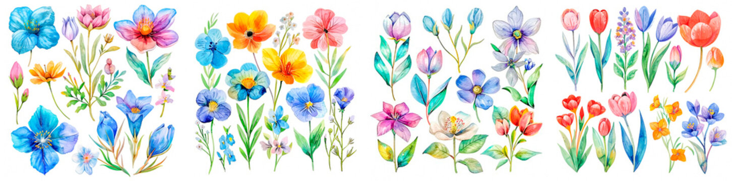 Fototapeta 4 photos. Beautiful watercolor design of a bouquet of spring flowers. Ideal for spring themed projects or events. High quality image on a clean white background.