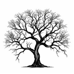 Black Tree Silhouette Isolated, Old Style Ink Drawing Icon, Tree Sketch, Woodcut or Engraving