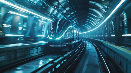 A transparent subway train speeding through tunnels, guided by AI for efficiency