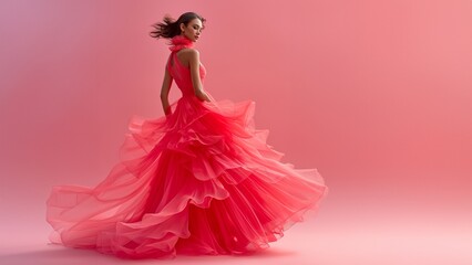 Sexy Frau in rotem und pinken weiten Abendkleid und leuchtenden futuristischen roten Hintergrund als Poster und Banner