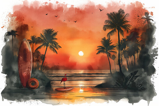 Watercolour illustration of sunset time at sea. Palm, flamingo, surfboat as summer close up. Selective focus.