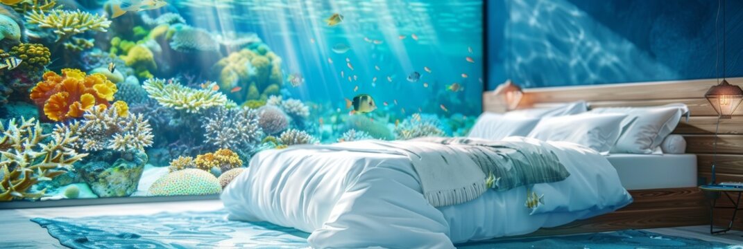 Underwater Hotel, Luxury Room Under Water, Aquatic Bedroom in Aquarium, Underwater Hotel