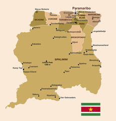 Highly Detailed Places Map of Suriname with Flag
