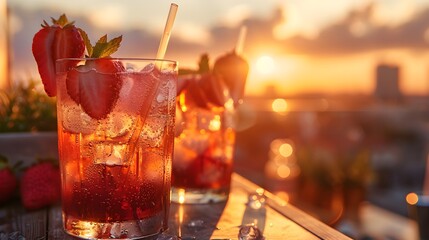 Happy hour concept with fancy cocktails and minimal appetizers served at a rooftop lounge, featuring a blurred background of multicolored drinks and prive food.