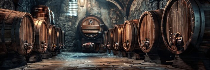 Old Wine Cellar with Oak Barrels, Winery Basement, Wine Cellar, Copy Space - obrazy, fototapety, plakaty