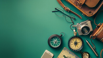 Compass with traveler accessories on green background