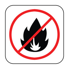 No fire allowed icon with red cross illustration sign isolated on square white background. Simple flat poster drawing for prints.