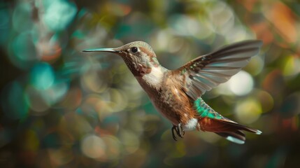 Fototapeta premium A hummingbird flying through the air with its wings spread wide