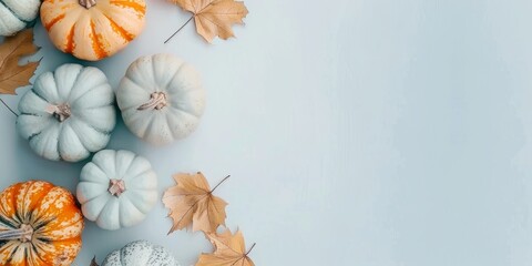 Bright orange leaves and pumpkins on a blue background. Autumn banner with copy space.
