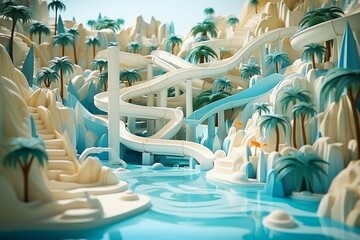 Wonderful slide in water park in minimal style, in paper cut out effect 