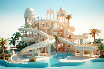 Wonderful slide in water park in minimal style, in paper cut out effect 