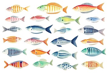 Watercolor Fishes Isolated, Sketched Fish Flock, Doodle Fish Set on White Background