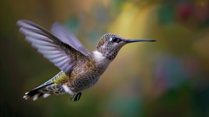 Naklejka premium A hummingbird flying through the air with its wings spread wide