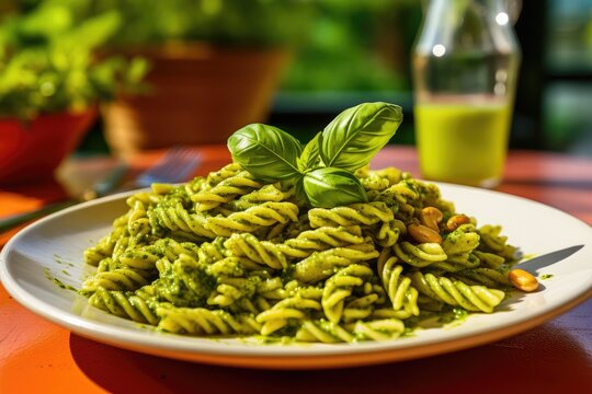 Trofie Al Pesto, Italian Pasta with Pesto Sauce, Traditional Genovese Troffie, Fusilli Pugliesi, Liguria Food
