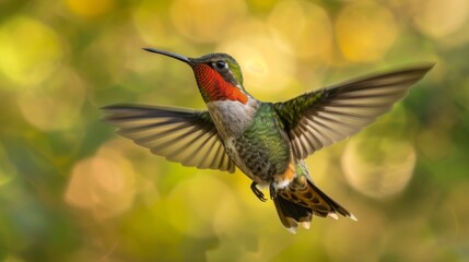 Fototapeta premium A hummingbird flying in the air with its wings spread wide