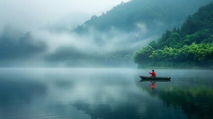 Lone fisherman with a red fishing rod on a small boat in a misty lake surrounded by lush green hills at dawn.