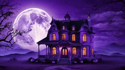 purple halloween background with house and full moon
