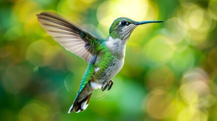 Fototapeta premium A hummingbird flying through the air with its wings spread wide
