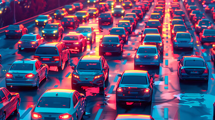 Obraz premium Traffic jam during a snowfall, Cars on a city street in a traffic jam in the evening