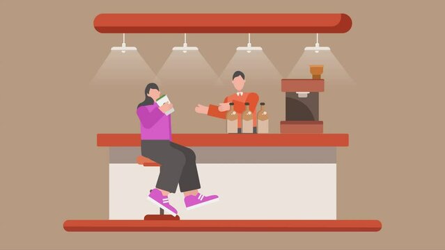 Animated video drinking coffee concept. Full length animation illustration. High quality 4k footage.