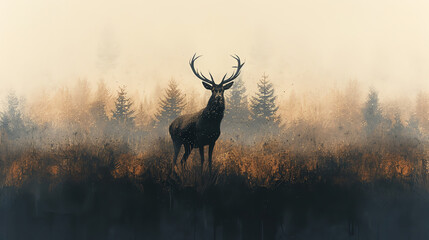 A beautiful painting of a deer standing in a foggy forest. The deer is the main focus of the image, and the forest is in the background. The colors are muted and the overall effect is one of peace and