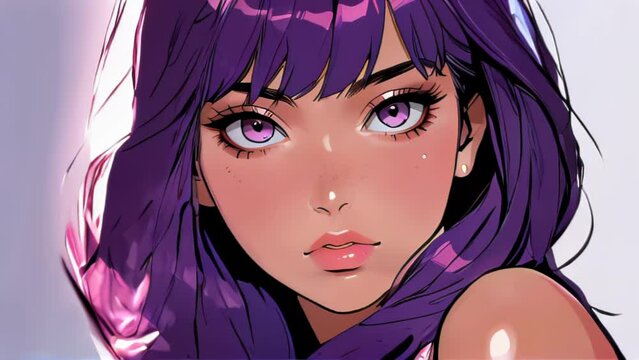 Close-up portrait of a stylized anime girl with vivid purple hair and striking pink eyes, her hair fluttering on wind