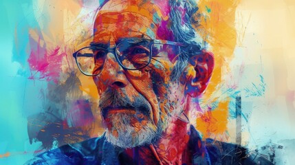 Portrait of stressed middle aged people looking with wrinkles on his face painted with vibrant color. An abstract picture of old man face with tension and formal cloth. Close up. Focus on face. AIG42.