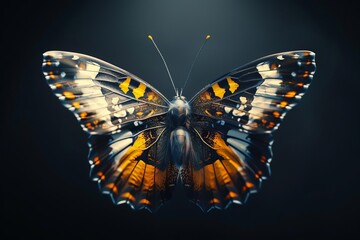 Craft a dynamic CG 3D rendering of a rear view butterfly, showcasing its symmetrical patterns and graceful flight in a captivating virtual space Achieve a balance between realism and artistic interpre