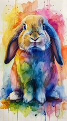 Cute lop rabbit, watercolor painting, rainbow colored, bunny, short hair