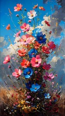 Oil painting, a bunch of small flowers, blue sky, colorful colors