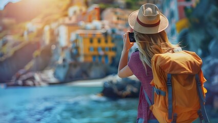 Tourist taking photos outdoors in a new town on a sunny day. Concept New Town Explorations, Sunny Day Adventures, Sightseeing Moments, Vacation Memories, Travel Photography