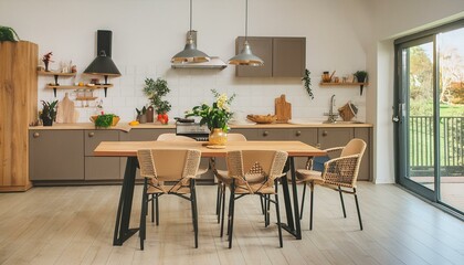 Modern minimalist interior design of kitchen with island, dining table and chairs.