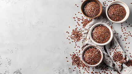 Composition with bowls of flax seeds on light background