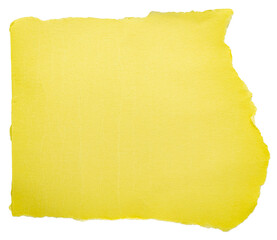 Isolated cut out torn piece of blank yellow paper note cardboard with texture and copy space for text on white or transparent background