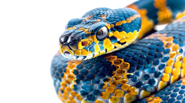 denim blue and yellow snake, on white background, isolated, banner style, nature, wildlife 