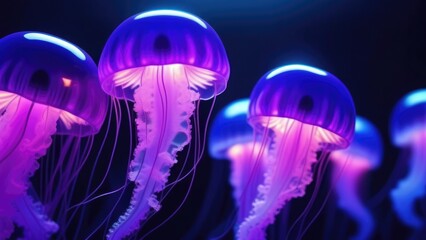 A group of jellyfish with neon blue and purple neon colors. The jellyfish are floating in the water deep at the ocean.Marine life background concept.