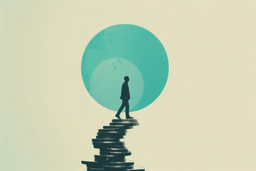 An illustration of a man walking on a pile of coins. Money and finance concept - obrazy, fototapety, plakaty