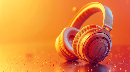 A close-up of a pair of orange headphones against a gradient orange background.