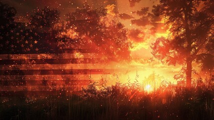 US Flag and Sunset Blend: Veterans Day Background - Digital Illustration
