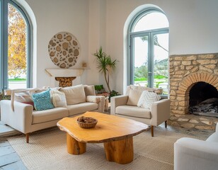 Rustic coffee table between sofa and chairs against fireplace and arched windows. Mediterranean modern cottage style home interior design of modern living room